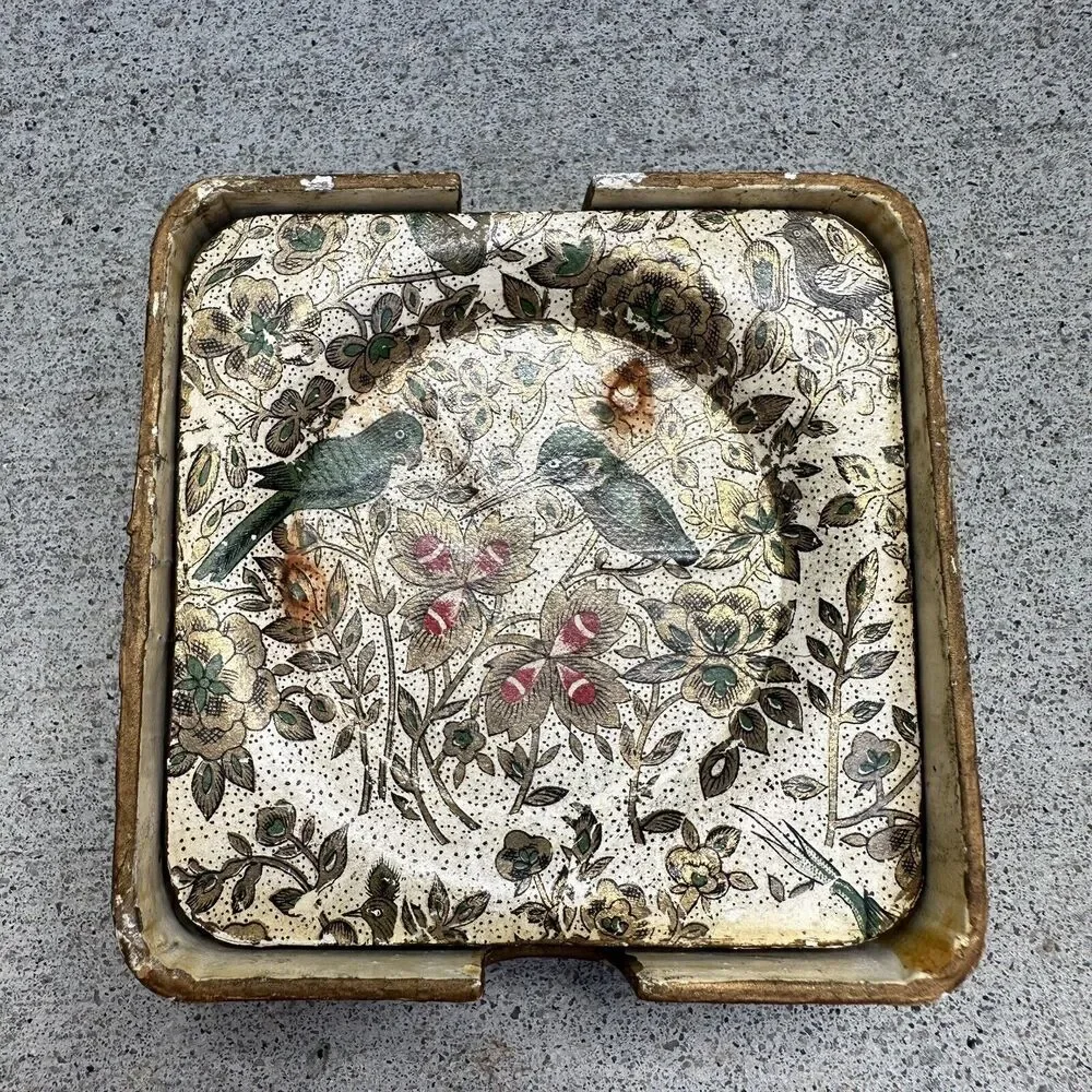 Vtg MCM Alcohol Proof Japan Coaster Set of 8 Floral Birds Paper Mache Barware‎